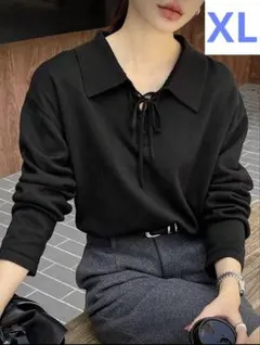 SHEIN DAZY 襟付きリボン付き ルーズニットセーター　ブラック　XL