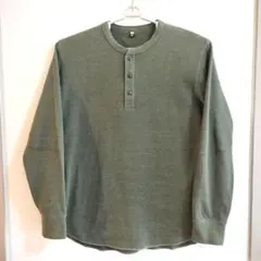 ユニクロ ワッフル ヘンリーネックTシャツ 長袖 グリーン Ｌ