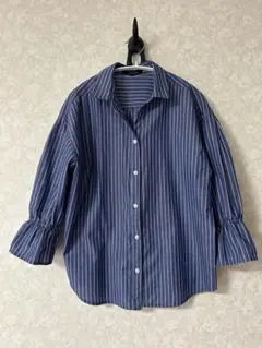 三連休限定価格　アンタイトル ストライプ五分袖シャツ ネイビー