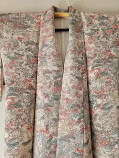 花柄 小紋 着物 花鳥柄 淡いピンク 正絹 未使用 裄長　裄丈約65.5cm