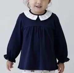 定価2090円　プティマイン　刺しゅうカット衿ブラウス　長袖Tシャツ　ネイビー