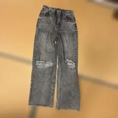 ダメージ加工 グレー ワイドレッグジーンズ