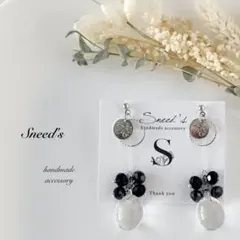 ▪シルバー華奢フープ×ビーズ×ドロップビーズ×メタルチャームピアス／イヤリング