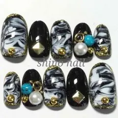 S/艶ジェル♡ブラック 黒マーブル ターコイズ ネイル