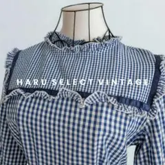 古着 レトロ Vintage ギンガムチェック ロング ワンピース フリル 青のサムネイル