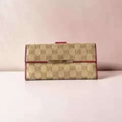 【リペア済み】GUCCI GGキャンバスWホック長財布　ベージュ✖️ピンクのサムネイル
