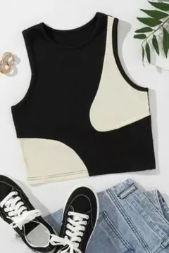 新品　サマーリブタンクトップ　クロップド　白黒　黒アイテム　ショート丈　Lサイズ