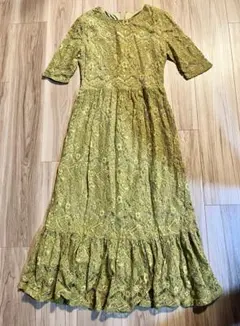 オリーブグリーン レース 半袖 ロングワンピース　結婚式ドレス　お呼ばれドレス