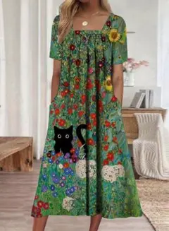 花畑と可愛い猫にゃんプリントのポケット付きAラインドレス【新品未使用】XL