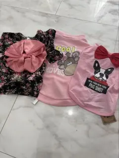 犬服 3点セット リボン 花柄 ピンク　Mサイズ