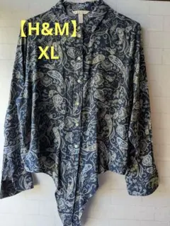 【H&M】ペイズリー柄 裾リボン シャツ ブラウス ネイビー EUR42/XLのサムネイル