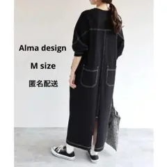 美品　配色ステッチ　ロング丈　Ｔシャツワンピース M 黒　長袖　オーバーサイズのサムネイル