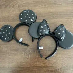 B ディズニー ミッキー＆ミニー レザー カチューシャ スタッズ