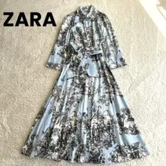 ZARA レア総柄シャツワンピース壁画 絵画 ベルト付きコットン100 3way