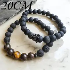 溶岩石　タイガーアイ　王冠　ブレスレット メンズ　2連　ラバストーン　ダーク　黒