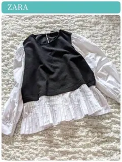 美品【ZARA】ザラ　異素材切替プリーツ　プルオーバー　ブラウス　M
