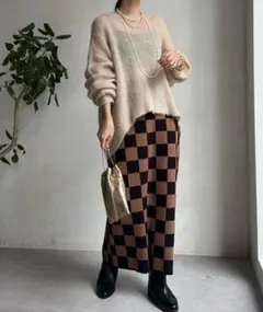 DOUDOU ブロックチェックニットスカート　市松模様　ブラウン