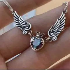 ゴシック　ネックレス　天使　羽　ラインストーン　シルバー　緑　赤　y2k 翼