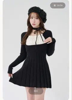 darich ネックリボンデザインフレアニットミニ 원피스 BLK