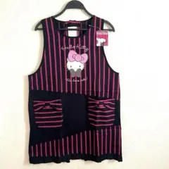 レア‼️タグ付きデカリボンと黒いグローブキティ ストライプエプロン♡ハートのボタン