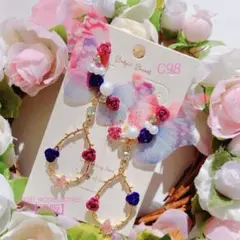 ハンドメイド カラフル 蝶々 ♡ ピアス風 ビジュー イヤーカフ ♡