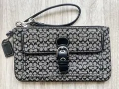 Coach シグネチャー柄 ポーチ ストラップ付 ブラック/グレー
