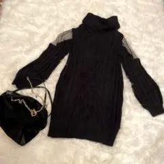 セシルマクビー　長袖ニットワンピース　肩シースルー　ケーブルニット　黒　M