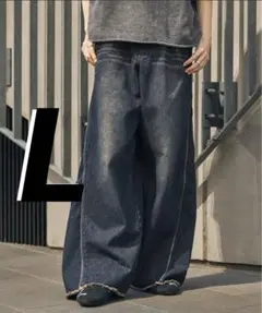 ワイドデニム サイドジップ 切りっぱなし フェード y2k バギー L