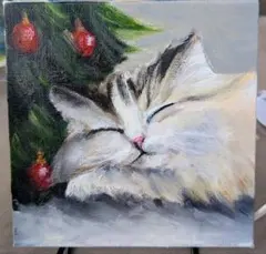 ハンドメイド油絵☆クリスマス子猫アート（キャンバス15cm）