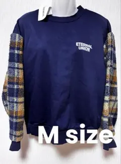 【タグ付き・未使用】裏起毛 トレーナーM ネイビー 袖ボアチェック切替