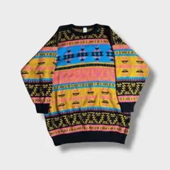 90s usa製総柄ニット セーター ネイティブ柄 切り替えマルチカラー