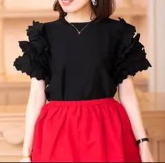 新品 TREFLE+1 ラッフルスリーブ 半袖 ブラック 上品 フェミニン 黒