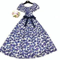 ★極美品　ローラアシュレイ　フレアワンピース　花柄　リボン　ブルー　Ｓ　M