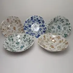 たち吉　ボタニカル模様(花柄)　口径約14.4㎝　深皿(小鉢)　五客揃い
