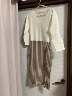 rienda ニットワンピース バイカラー アイボリー×ブラウン リブ タイト