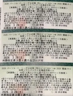 福岡ソフトバンクホークス3/28(土)チケット（外野指定席引換券＋フード付)3枚