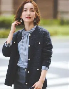 エニィスィス　ノーカラーツイードニットカーディガン ネイビー パールボタン 9号