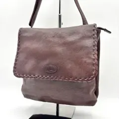 【美品】イビサ　レザー ショルダーバッグ　ブラウン　フラップ　編み込み　刺繍