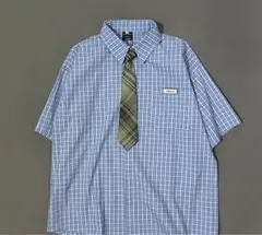 《未使用新品》チェック柄ネクタイ付き半袖シャツ メンズ 清新なトップス