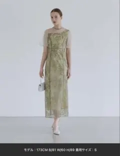 【Leja】アシンメトリーシアー花柄ワンピースドレス 結婚式 オケージョン　S