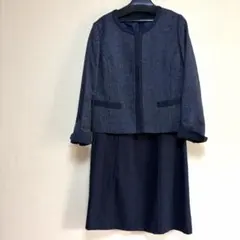 ジョイベラ フォーマルワンピーススーツ ノーカラー 濃紺13AR Lお受験超美品