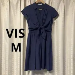 VIS ビス ウエストリボン フレンチスリーブ シャツワンピース M ネイビーのサムネイル