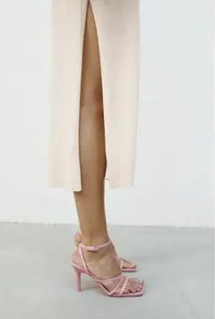 新品 タグ付 ZARA ジュートインソール レザーヒール サンダル ピンク 37