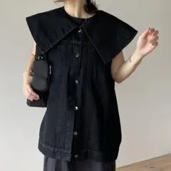 【wee9s】ヴィンテージライクビッグカラーデニムベスト ブラック