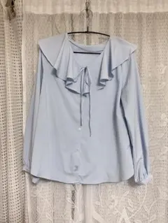 襟　フリル　シャツ　ライトブルー　水色　オフィスワーク　gu ジーユー