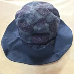 リバーシブル　アウトドアハット　サファリハット ネイビー　チェック　コットン