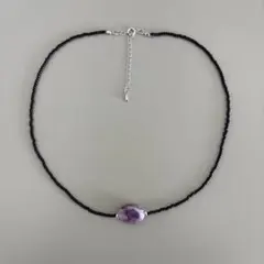 handmade 黒 ブラック パープル 紫 石 シルバー ビーズ ネックレス