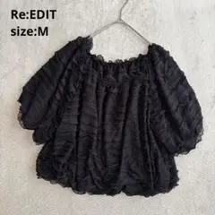 【Re:EDIT リエディ】（M）フリルデザイン 半袖ブラウス ブラックのサムネイル