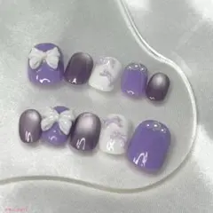 【C0022】ネイルチップ パープル ホワイト マグネット リボン きれいめ