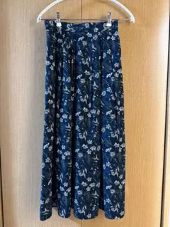 【美品】　テチチ　花柄　ロングスカート　青　ブルー　ネイビー　裏地付　F　古着